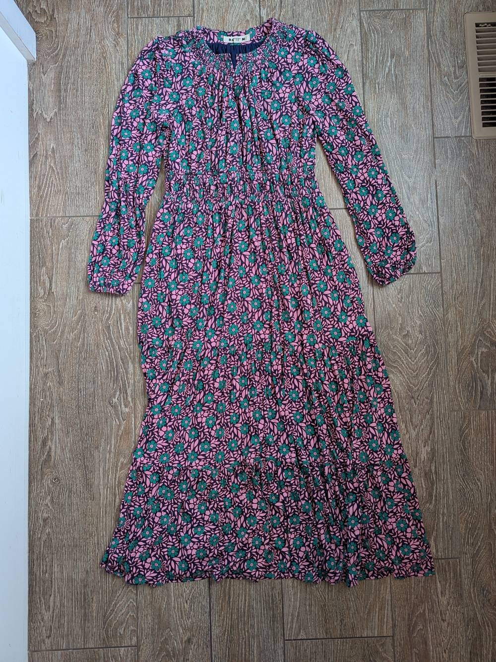 Boden Pink and Green Floral Maxi Dress Tiered Smocked Jersey Size 12 Large
